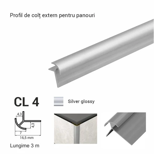 CL 4, Profil de unghi extern p/u panouri, 3 m, Silver Glossy