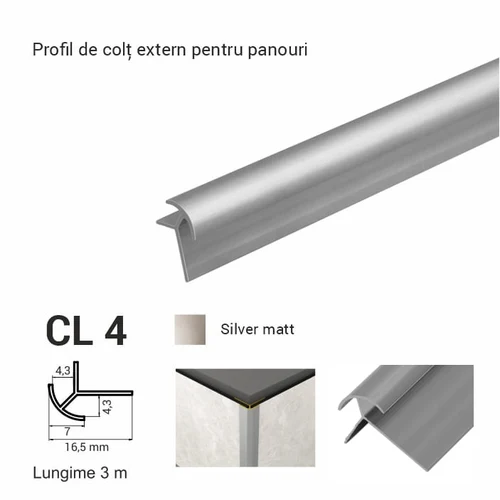 CL 4, Profil de unghi extern pentru panouri, 3 m, Silver Matt
