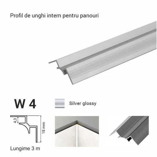 W4, Profil de unghi intern p/u panour, 3 m, Silver Glossy