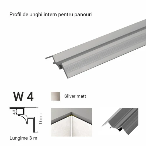 W4, Profil de unghi intern p/u panour, 3 m, Silver Matt