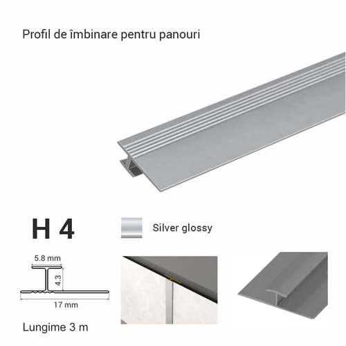 H4, Profil de îmbinare p/u panouri, 3 m, Silver Glossy