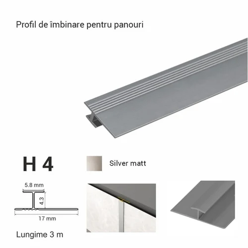 H4, Profil de îmbinare p/u panouri, 3 m, Silver Matt