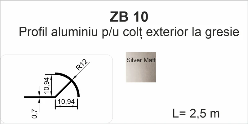 ZB10, Profil aluminiu pentru gresie 10 mm, colț exterior, 2.5m, Silver Matt 2