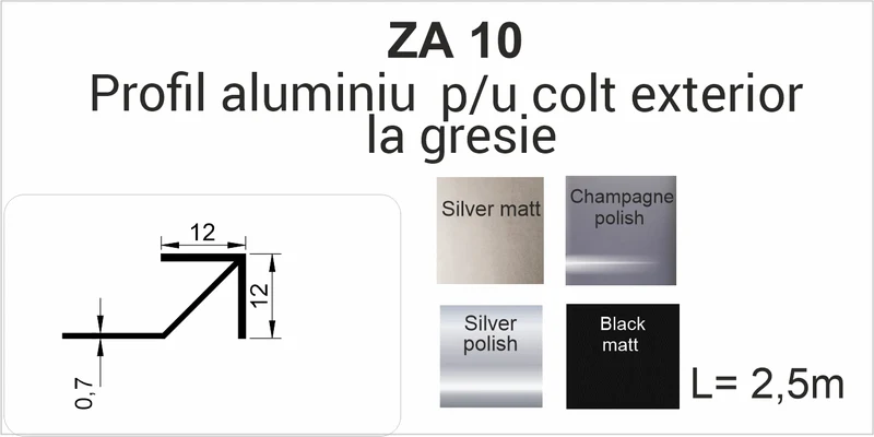 ZA10, Profil aluminiu pentru gresie 10 mm, colț exterior, 2.5m, Black Matt 2