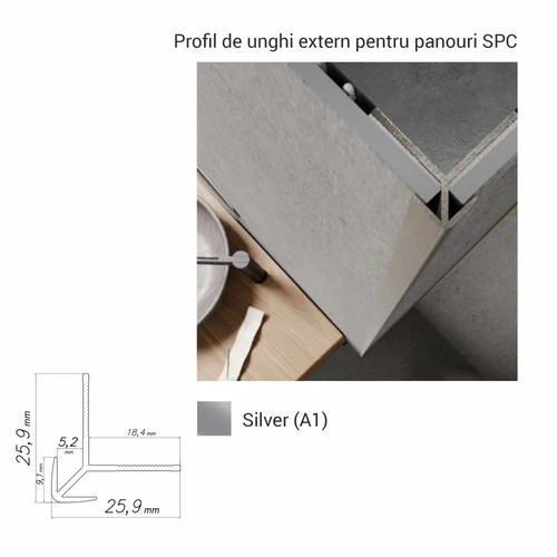 NZ-A1, Profil de unghi extern p/u panouri SPC, 2.8 m, Silver